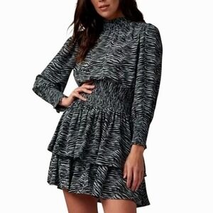 La Vie Rebecca Taylor Mini Dress Women Medium Blue Tiger Stripe Smocked Waist